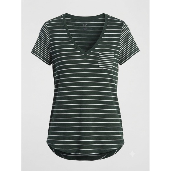 GAP Tops - Gap Women Green White Striped V-Neck Pocket T-Shirt Vintage Wash Tee Size M